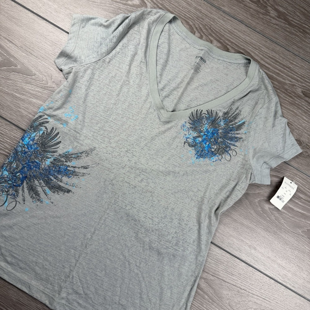 Express Women's‎ Logo Wrap Around V Neck Tee Grey Size Large New